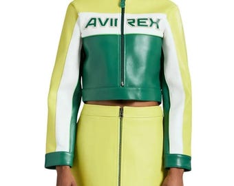 Conjunto de chaqueta y falda de cuero verde y amarillo recortado para mujer de Avirex. Chaqueta de cuero genuino de vaca, estilo urbano, audaz, de moda, regalo para ella.