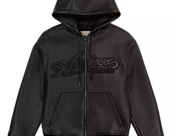 Avirex Black Leather Hoodie Jacket Genuine Cowhide Streetwear Bomber Jacket Varsity Style Fashion Jacket Gift for Him Her