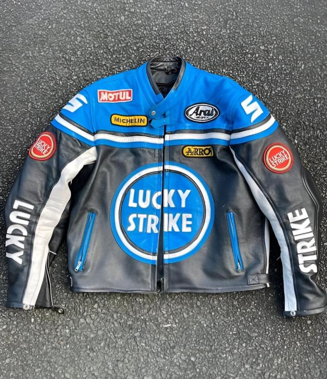 Men's Lucky Strike Biker Leather Jacket Blue Black Genuine Cowhide ...