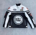 Men's Lucky Strike Biker Leather Jacket White Black Genuine Cowhide MotoGP Motorcycle Jacket Biker Racing Jacket Best Gift for Him product logo