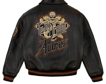 Chaqueta bomber de cuero Avirex Twin Dragon, estilo motero de piel de vaca auténtica, estilo vintage bordado, ideal como regalo.