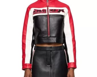 Conjunto de chaqueta bomber y falda de cuero recortado para mujer de Avirex, chaqueta de estilo universitario de cuero genuino de vaca, atuendo de moda de AVIREX, regalo