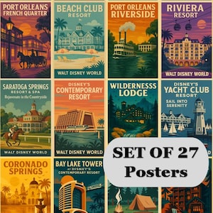 Disney World Resort Poster, Disney Hotel Art Posters, Disney Resort Poster, BTW Wall Posters, Disney BTW Hoteldekorationen, 27er Set