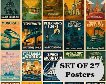 Pósteres de viaje retro de Disney Magic Kingdom, set de 27 (descarga digital)