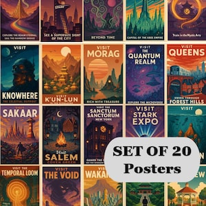 Puede incluir: Un conjunto de 20 carteles con diseños de estilo vintage. Cada cartel presenta un lugar diferente con ilustraciones y texto estilizados, incluyendo "Asgard", "New York" y "Dark Dimension".