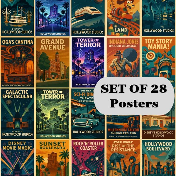 Poster retrò dei Disney Hollywood Studios, set di 28 / Stampe artistiche Disney da parete, download immediato, decorazioni per parchi a tema