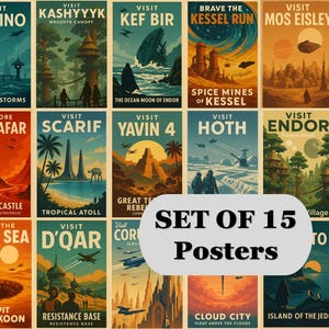 May include: A set of 15 vintage-style travel posters featuring various locations. Each poster has a unique design with illustrations of planets and locations, with text such as "Visit Kamino" and "Explore Mustafar". The posters are in shades of blue, orange, and yellow.