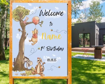 Winnie the Pooh Birthday Welcome Sign: Neutral Party Decor (Digital Download