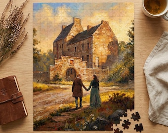May include: A completed jigsaw puzzle depicting a couple walking towards a stone building. The puzzle features a landscape painting with warm tones, a stone archway, and a path. A cup of tea and a notebook are visible.