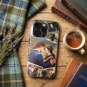 May include: Clear phone case featuring a collage of romantic images. The case showcases a couple in various embraces, with additional scenic shots. The design is set against a wooden background, with a cup of tea and books.
