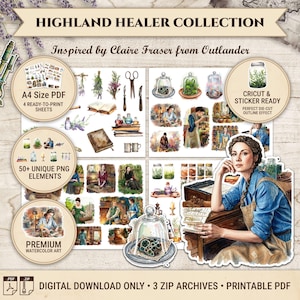 Könnte beinhalten: Digitaler Download mit Aquarellkunst, inspiriert von Claire Fraser aus Outlander. Enthält über 50 PNG-Elemente, A4-PDF mit 4 druckfertigen Blättern und Cricut- und Sticker-fähige Designs. Das Thema ist Highland Healer.