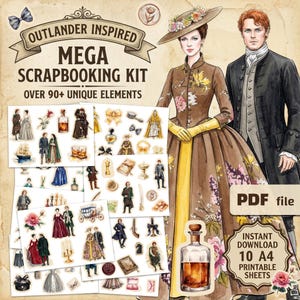 Outlander-inspirerat scrapbookingkit, utskrivbara klistermärken, Claire Jamie Fraser Art (10 A4 PDF-ark)