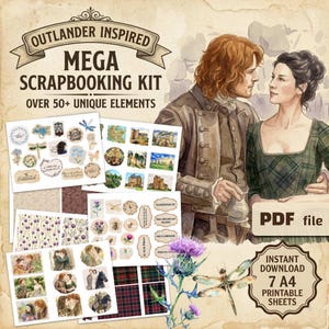 Peut inclure: Un kit de scrapbooking "Outlander Inspired" avec plus de 50 éléments uniques. L'image présente une illustration à l'aquarelle d'un couple, ainsi que divers éléments de scrapbooking, notamment des autocollants, des papiers à motifs et des étiquettes. Le kit comprend 7 feuilles A4 imprimables.