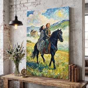 May include: A rectangular canvas print featuring an oil painting style illustration of a person with long dark hair and a person with red hair riding a black horse through a yellow and green field, with a stone castle and a swirling sky above.