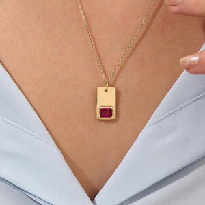 Emerald Cut Ruby Tag Necklace, Rectangular Gemstone Tag Pendant, Gold Dog Tag Ruby Necklace, Minimalist Birthstone Pendant, Gift for Her.