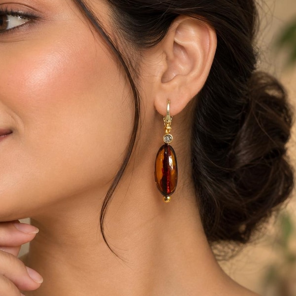 Sterling Silver Gold Plated Amber Drop Earrings, Oval CZ Gemstone Dangle (40mm)