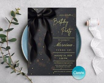 Zwart gouden verjaardagsuitnodiging, vrouwelijke gouden glitter feestuitnodiging, dinerverjaardagsuitnodiging, bewerkbare canvassjabloon