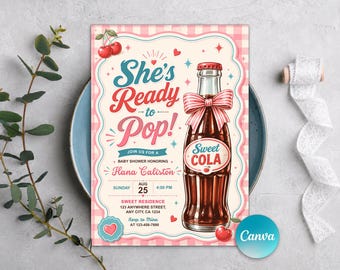 She's Ready to Pop babyshoweruitnodiging, roze pastel babyshower, retro frisdrank babyshoweruitnodiging, bewerkbare canvassjabloon