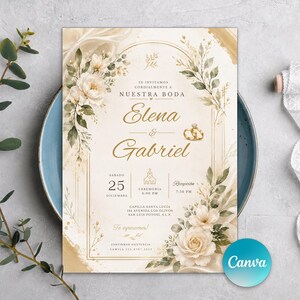 Elegante weiße Blumen-Verlobungsring-Spanische Hochzeitseinladung, Invitación para Boda en Español para Editar, bearbeitbare Canva-Vorlage