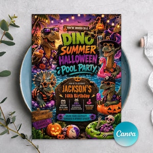May include: A rectangular invitation card for a Dino Summer Halloween Pool Party for Jackson's 10th birthday. The design features cartoon dinosaurs in sunglasses and swim rings, pumpkins, and tropical elements. Text includes event details and date.