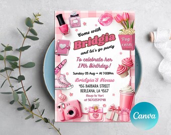 Invitación de cumpleaños estética rosa, invitación para fiesta de niña, cumpleaños de adolescente, invitación de dos dígitos, cumpleaños de adolescente, cualquier edad, lienzo editable