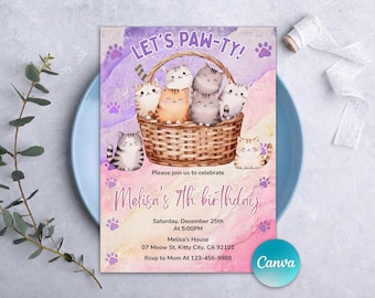 Cat Birthdat-feestuitnodiging, Cat Pawty-uitnodiging, Meow-verjaardagsuitnodiging, Pawty verjaardagsuitnodiging, bewerkbare Canva-sjabloon