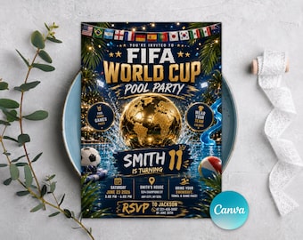 Uitnodiging voor FIFA World Cup Pool Party, sportfeestthema uitnodigen, voetbal verjaardagsuitnodiging, verjaardagskaart voor elke leeftijd, bewerkbare canvassjabloon
