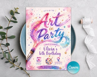 Verjaardagsuitnodiging voor kunstfeestje, verffeestuitnodiging, aquarel Arts and Crafts-verjaardag, schilderijfeest, bewerkbare canvassjabloon