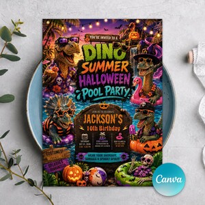 May include: A rectangular invitation card for a Dino Summer Halloween Pool Party for Jackson's 10th birthday. The design features cartoon dinosaurs in sunglasses and swim rings, pumpkins, and tropical elements. Text includes event details and date.