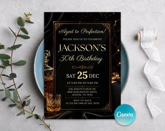 Aged To Perfection Geburtstagseinladung, Whisky-Glas Schwarz und Gold einladen, jedes Alter, Männer und Frauen, bearbeitbare Canva-Vorlage