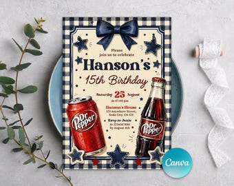 Pepper Geburtstagseinladung, Boy Soda Party einladen, Retro Gingham Geburtstag, 23 Geschmacksrichtungen Feier, bearbeitbare Canva Vorlage