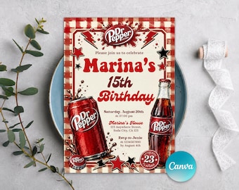 Pepper Geburtstagseinladung, Retro Soda Party einladen, 23 Geschmacksrichtungen Geburtstag, Gingham Teen Feier, bearbeitbare Canva Vorlage