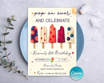 Uitnodiging ijsje, ijsje verjaardagsuitnodiging, ijsje feest, ijsje verjaardag, ijsje uitnodiging, zomerfeest, bewerkbaar canva