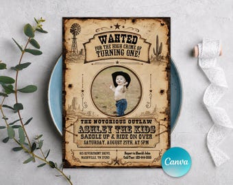 Steckbrief-Geburtstagseinladung, Cowboy-Party einladen, Western-Geburtstagsfeier, bearbeitbare Canva-Vorlage