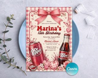 Pepper Geburtstagseinladung, Mädchen Soda Party einladen, Pink Gingham Geburtstag, 23 Geschmacksrichtungen Feier, bearbeitbare Canva Vorlage