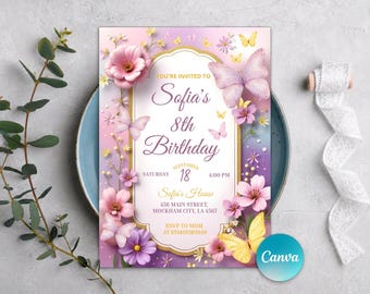 Butterfly Birthday Invitation, Purple Butterfly Birthday Invitea, Girl Butterfly Party, Any age Birthday Invitation, Editable Canva Template