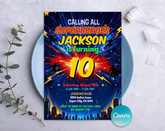 Superhero Birthday Invitation, Super Hero Party Invite, Superhero Theme, Kids Invitation, Any Age, Editable Canva Template