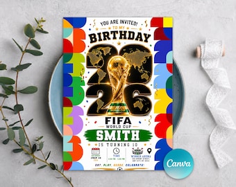 Uitnodiging voor feest WK 2026, Watch Party Invite, voetbalverjaardagsfeestje, voetbaluitnodiging, elke leeftijd, bewerkbare canvassjabloon