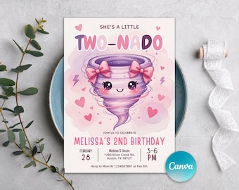 Twonado Birthday Invitation, Pink Tornado Invite, Twonado Birthday Party Invitation Girl, Two Year Old Girl Birthday Invite, Editable Canva