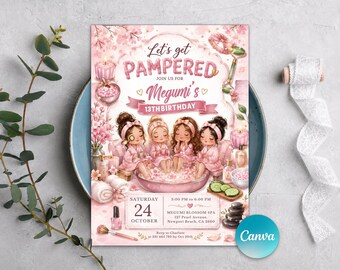 Sjabloon spa-verjaardagsuitnodiging voor meisjes bewerkbare spa-feestuitnodiging kinderen verwenfeestje Canva uitnodigen afdrukbare spa-daguitnodiging