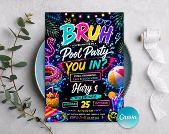 Afdrukbare Bruh verjaardagsuitnodiging, pool Boy verjaardagsuitnodiging, verjaardag tiener, verjaardag uitnodigen, tieners feest, bewerkbare Canva-sjabloon