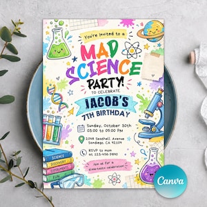 May include: A rectangular invitation card for a Mad Science Party celebrating Jacob's 7th birthday. The design features colorful illustrations of beakers, a microscope, DNA, and planets, with text detailing the date, time, location, and RSVP information.