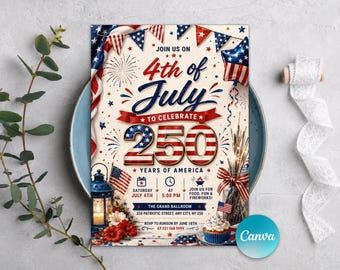 Uitnodiging Amerika's 250e verjaardag, uitnodiging feest 4 juli 2026, uitnodiging feest 4 juli, bewerkbare canva-sjabloon
