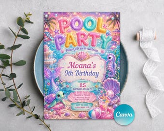 Glitter Summer Swim Party Invite for Girls , Pastel Pool Party Birthday Invitation , Holographic Kids Pool Party , Editable Canva Template