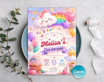 Verjaardagsuitnodiging met regenboog pailletten, roze feestuitnodiging meisje, glitter uitnodiging regenboog pailletten, elke leeftijd, bewerkbare canvassjabloon