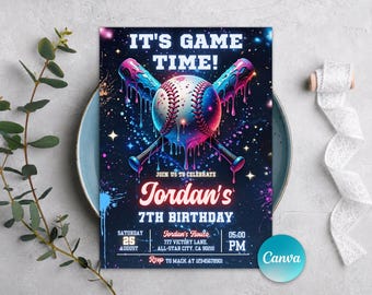 Baseball Drip verjaardagsuitnodiging, Ice Cream Drip feestuitnodiging, sportverjaardagsfeestje, bewerkbare canva-sjabloon