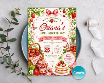 Berry Sweet Birthday Invitation, Strawberry Birthday Party Invite, Pink First Birthday, Canva Template, Digital Download