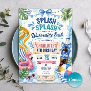 May include: A rectangular birthday invitation card featuring a watercolour design with a yellow waterslide, pink flamingo float, cola bottle, and beach ball. The text reads Splish Splash Join Us For A Waterslide Bash To Celebrate Charlotte's 7th Birthday.