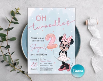 Oh Twodles verjaardagsuitnodiging, schattige muis meisje 2e verjaardag blauw roze aquarel uitnodiging, Minnie Girl party, Oh Twoodles uitnodigen