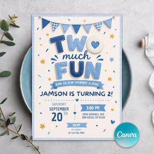 May include: A rectangular birthday invitation card featuring blue felt-style lettering that reads TWO much FUN. The design includes blue bunting, yellow stars, and text stating JAMSON IS TURNING 2, SEPTEMBER 20TH, 3:00 PM, and RSVP details.